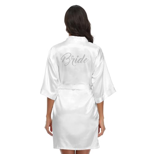 North Bund Women's Kimono Bride Bridesmaid Robes with Rhinestones Short Satin Bathrobes Wedding Party Getting Ready Day Bride White - Image 2