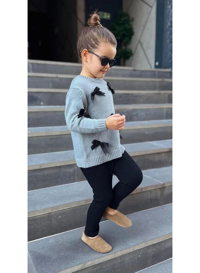 Magu Girls' Cotton Grey Knit Sweater with Bow Detail – Black Ribbed Leggings Set