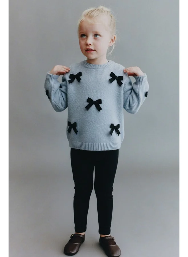 Magu Girls' Cotton Grey Knit Sweater with Bow Detail – Black Ribbed Leggings Set