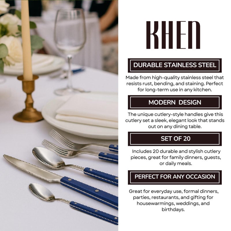 Khen Cutlery Set of 20, 18/8 Stainless Steel Flatware, Modern Silverware for Home, Kitchen, Dining & Table Setting for 4 â€“ Stainless Steel, Dishwasher Safe, Lightweight & Ergonomic Design Gift - Blue - Image 5