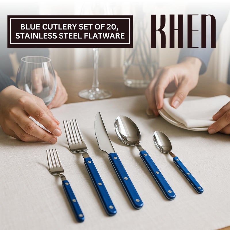 Khen Cutlery Set of 20, 18/8 Stainless Steel Flatware, Modern Silverware for Home, Kitchen, Dining & Table Setting for 4 â€“ Stainless Steel, Dishwasher Safe, Lightweight & Ergonomic Design Gift - Blue - Image 2