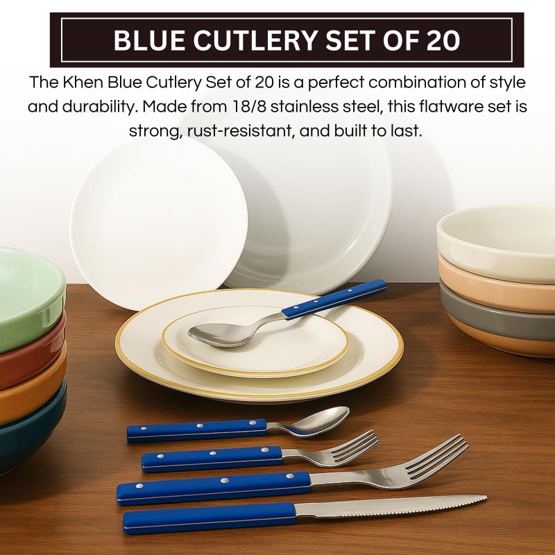 Khen Cutlery Set of 20, 18/8 Stainless Steel Flatware, Modern Silverware for Home, Kitchen, Dining & Table Setting for 4 â€“ Stainless Steel, Dishwasher Safe, Lightweight & Ergonomic Design Gift - Blue - Image 3