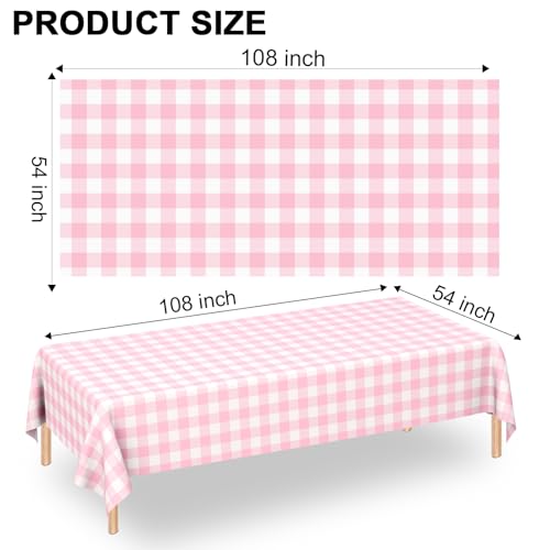 WNINK 4 Pack Pink Gingham Tablecloth Rectangular Pink and White Checkered Tablecloths Disposable Plastic Pink Plaid Table Cover for Parties Outdoor Picnic Birthday Wedding Camping 54 108 Inch - Image 3
