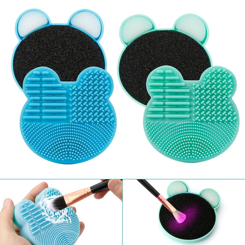 TailaiMei TailaiMei 2 Pack Makeup Brush Cleaning Mat with Color Removal Sponge 2 in 1 Design Silicone Cleaner Pad for Dry Brush Color Switch and Wet Cleaning BlueGreen