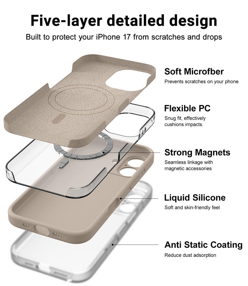 OTOFLY Magnetic for iPhone 17 Case,Compatible with Magsafe,Classic Liquid Silicone Mobile Phone Case,Integrated Camera Control Button,Anti-Scratch Microfiber Lining, Light Coffee Brown - Image 3
