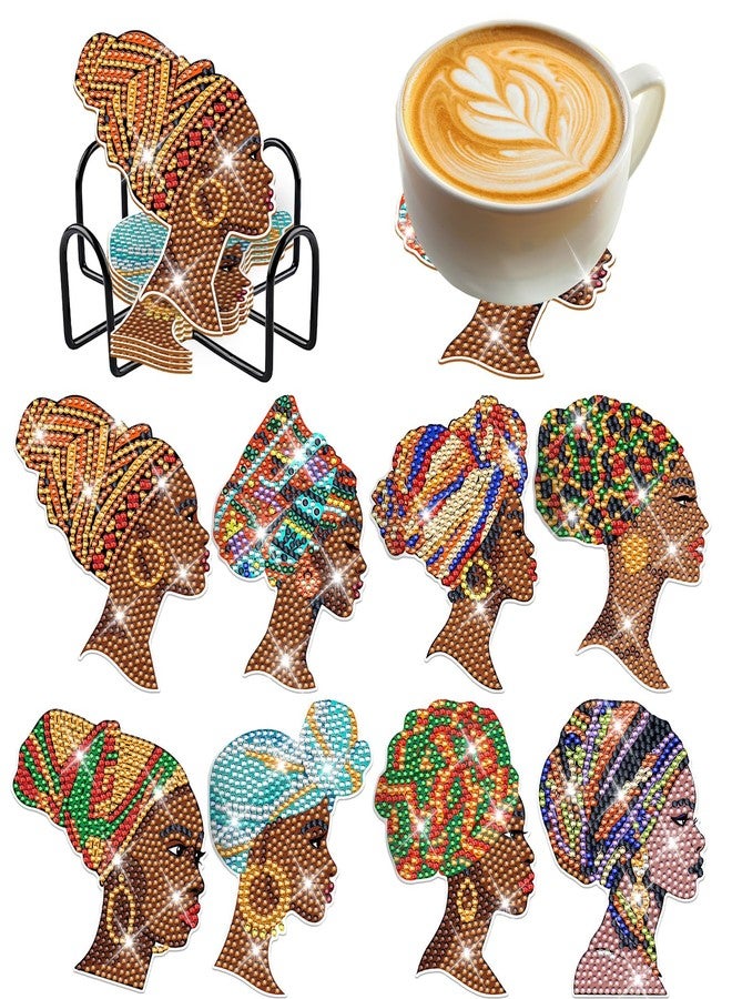INCOK African American Diamond Painting Coasters - 8 PCS Diamond Art Coasters Kits for Drinks Coffee DIY Art Craft Supplies Birthday Holiday for Adult Beginners Black Women Lady - Image 1