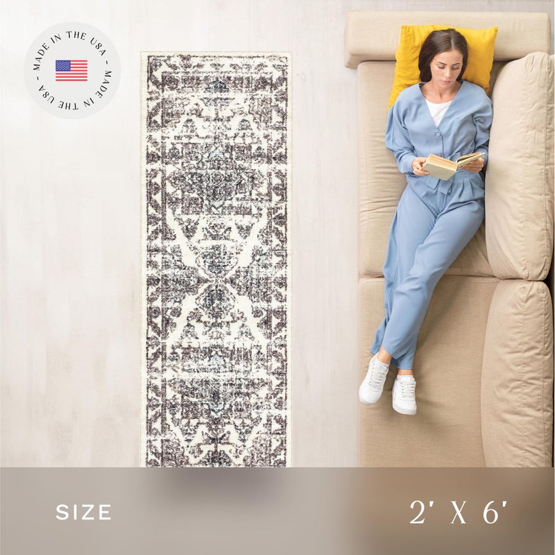 Maples Rugs Distressed Tapestry Vintage Non Slip Runner Rug for Hallway Entry Way Floor Carpet [Made in USA], 2 x 6, Neutral - Image 3