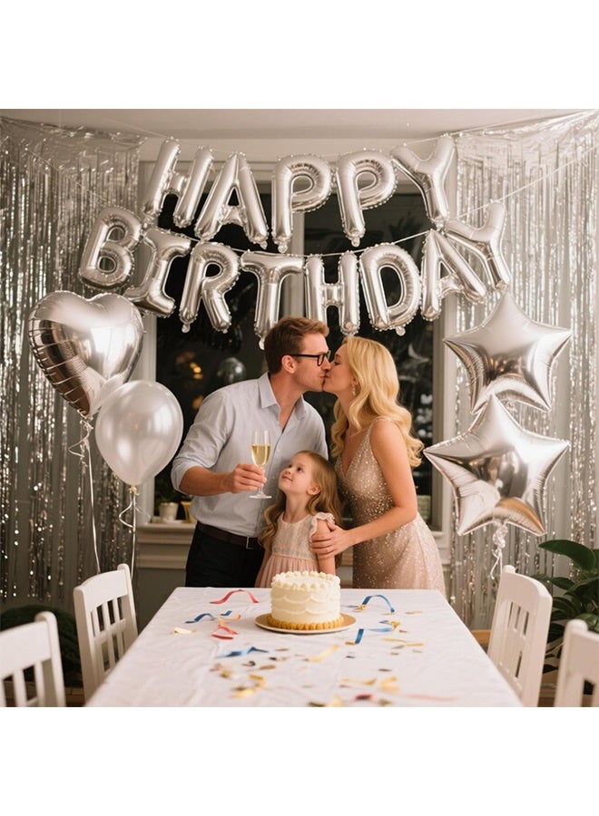 Silver Birthday Party Decorations - Happy Birthday Balloon Banner Silver, Heart & Star Foil Balloons, Confetti & Latex Balloons, Foil Fringe Curtains Party Supplies - Image 5