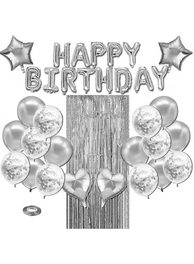 Silver Birthday Party Decorations - Happy Birthday Balloon Banner Silver, Heart & Star Foil Balloons, Confetti & Latex Balloons, Foil Fringe Curtains Party Supplies - Image 1