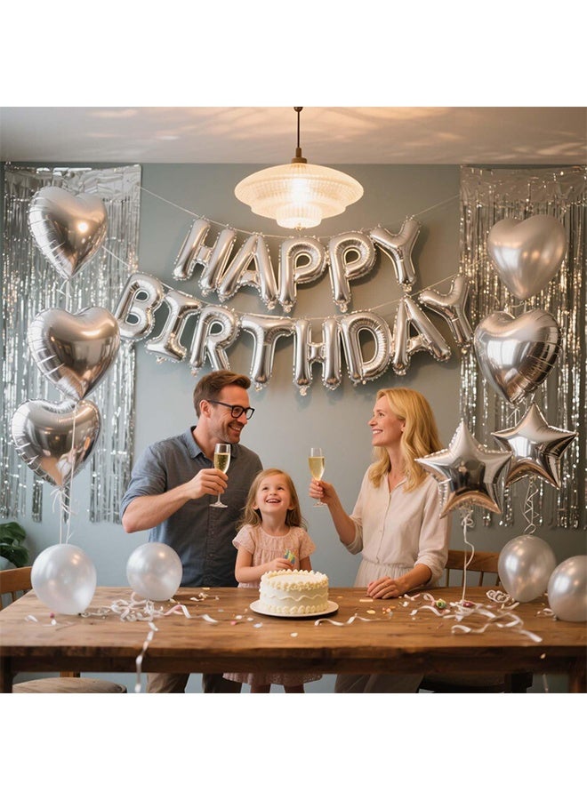 Silver Birthday Party Decorations - Happy Birthday Balloon Banner Silver, Heart & Star Foil Balloons, Confetti & Latex Balloons, Foil Fringe Curtains Party Supplies - Image 4