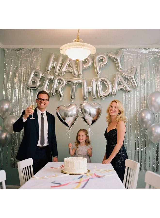 Silver Birthday Party Decorations - Happy Birthday Balloon Banner Silver, Heart & Star Foil Balloons, Confetti & Latex Balloons, Foil Fringe Curtains Party Supplies - Image 3