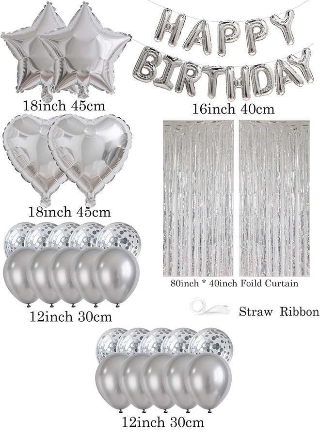 Silver Birthday Party Decorations - Happy Birthday Balloon Banner Silver, Heart & Star Foil Balloons, Confetti & Latex Balloons, Foil Fringe Curtains Party Supplies - Image 2
