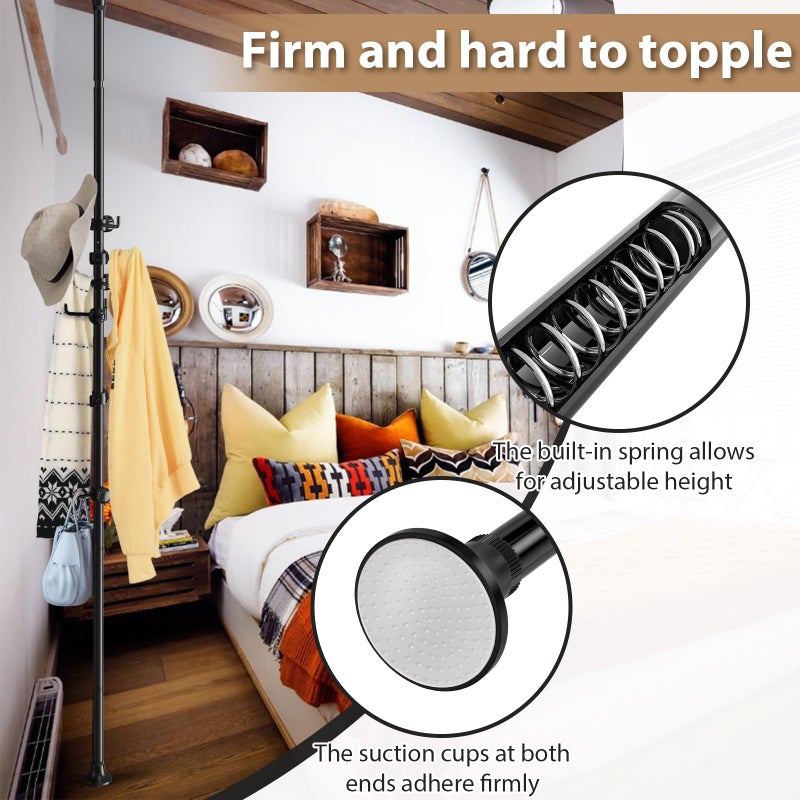 Sempicad Coat Rack Freestanding, 56 to 125 inch Adjustable Tension Rod Hanger with 12 Hooks for Hanging Coat, Plant,Jacket, Hat, Scarf, Suitable for Living Room, Balcony, Kitchen Black - Image 4