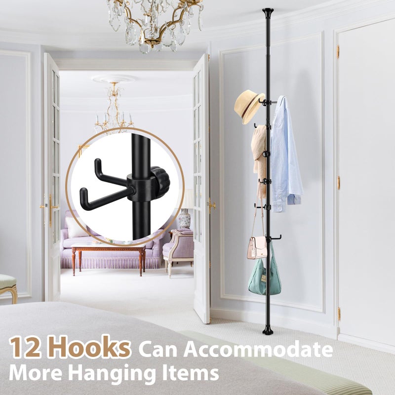 Sempicad Coat Rack Freestanding, 56 to 125 inch Adjustable Tension Rod Hanger with 12 Hooks for Hanging Coat, Plant,Jacket, Hat, Scarf, Suitable for Living Room, Balcony, Kitchen Black - Image 3