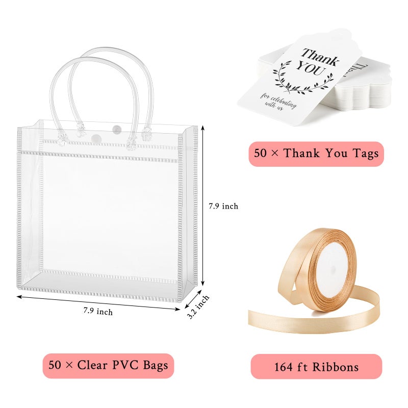 Mauproy 50 Pack Clear Plastic Gift Bags With Handles  Party Favor Bags With Ribbons And Tags  Reusable Goodie Tote Bag For Christmas Wedding Baby Shower (7.9?X 7.9?X 3.2 "") - Image 2