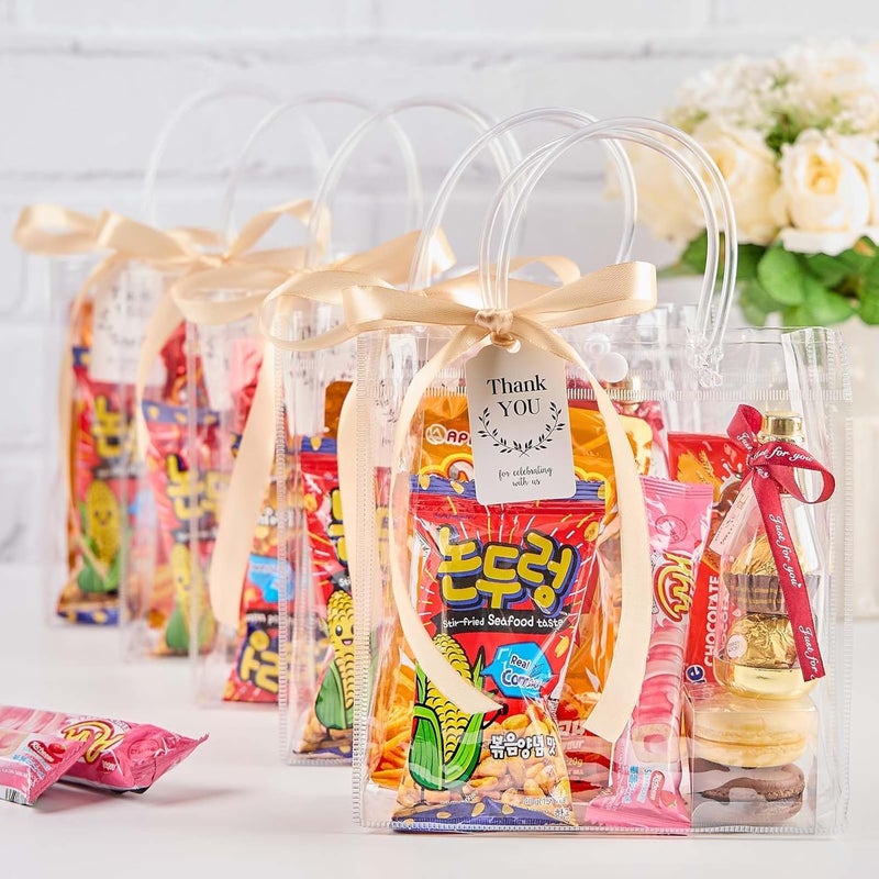 Mauproy 50 Pack Clear Plastic Gift Bags With Handles  Party Favor Bags With Ribbons And Tags  Reusable Goodie Tote Bag For Christmas Wedding Baby Shower (7.9?X 7.9?X 3.2 "") - Image 5