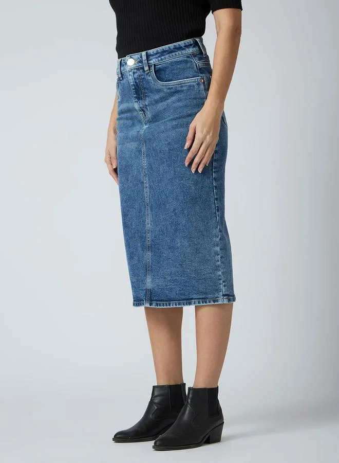 globus Blue Solid Denim Midi Skirt