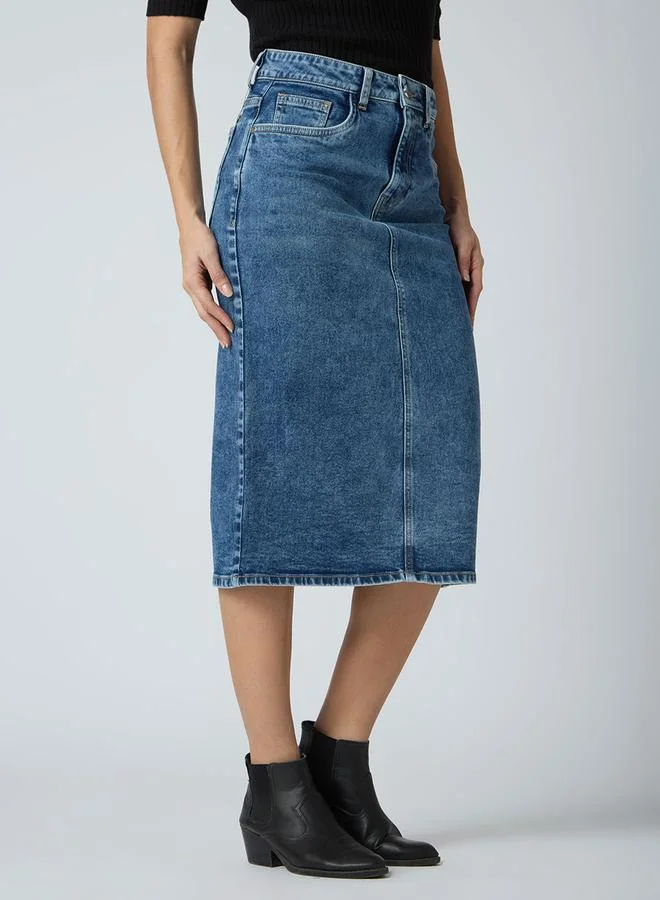 globus Blue Solid Denim Midi Skirt