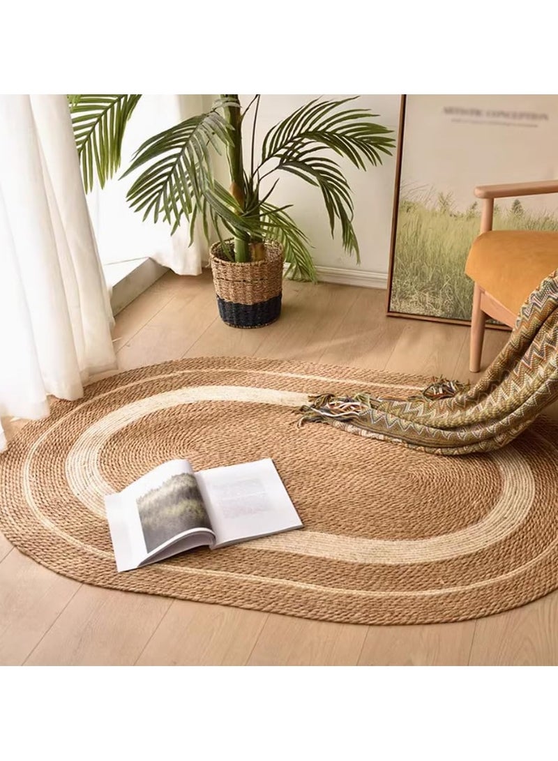 LINGWEI Natural Handwoven Oval Jute Area Rug with White Line Durable Farmhouse Rug for Living Room - Image 2