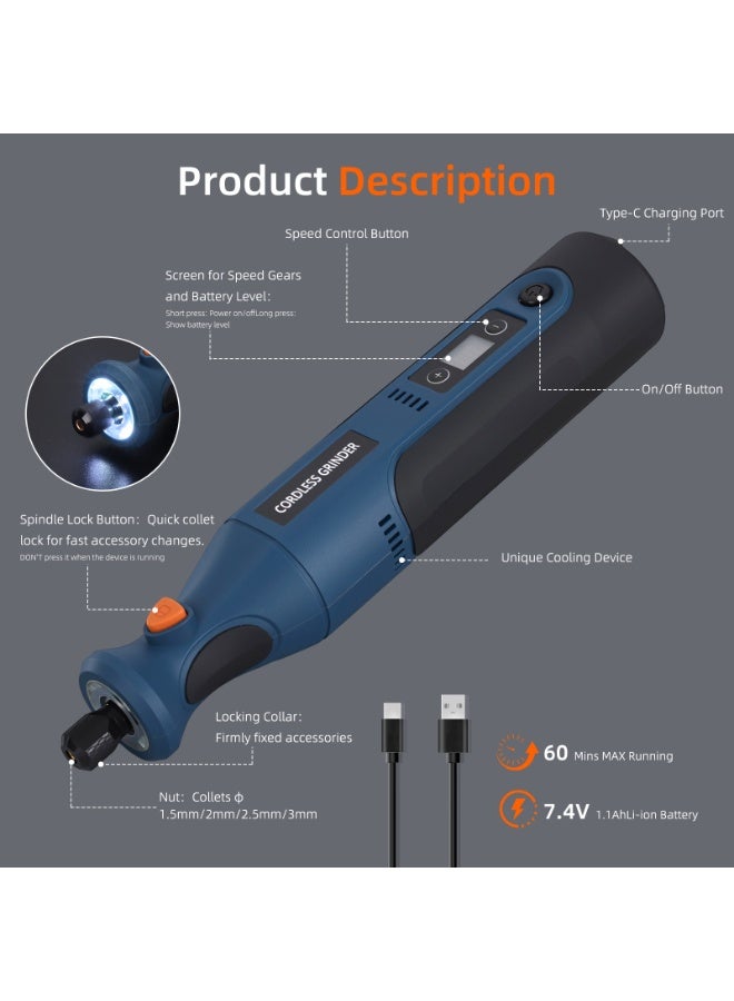 179pcs Power Rotary Tools 5000-25000RPM High-Power Cordless Electric Drill Grinder DC7.4V 1100mAh Woodworking Drilling Mini Engraving Pen Rotary Tool Set - Image 2