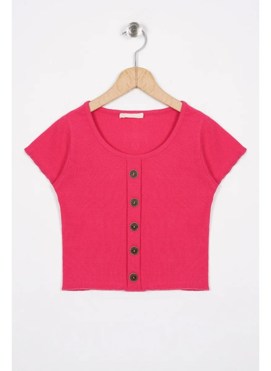 زيبكيدز Crew Neck Short Sleeve Ribbed Fuchsia Color Girls T-shirt