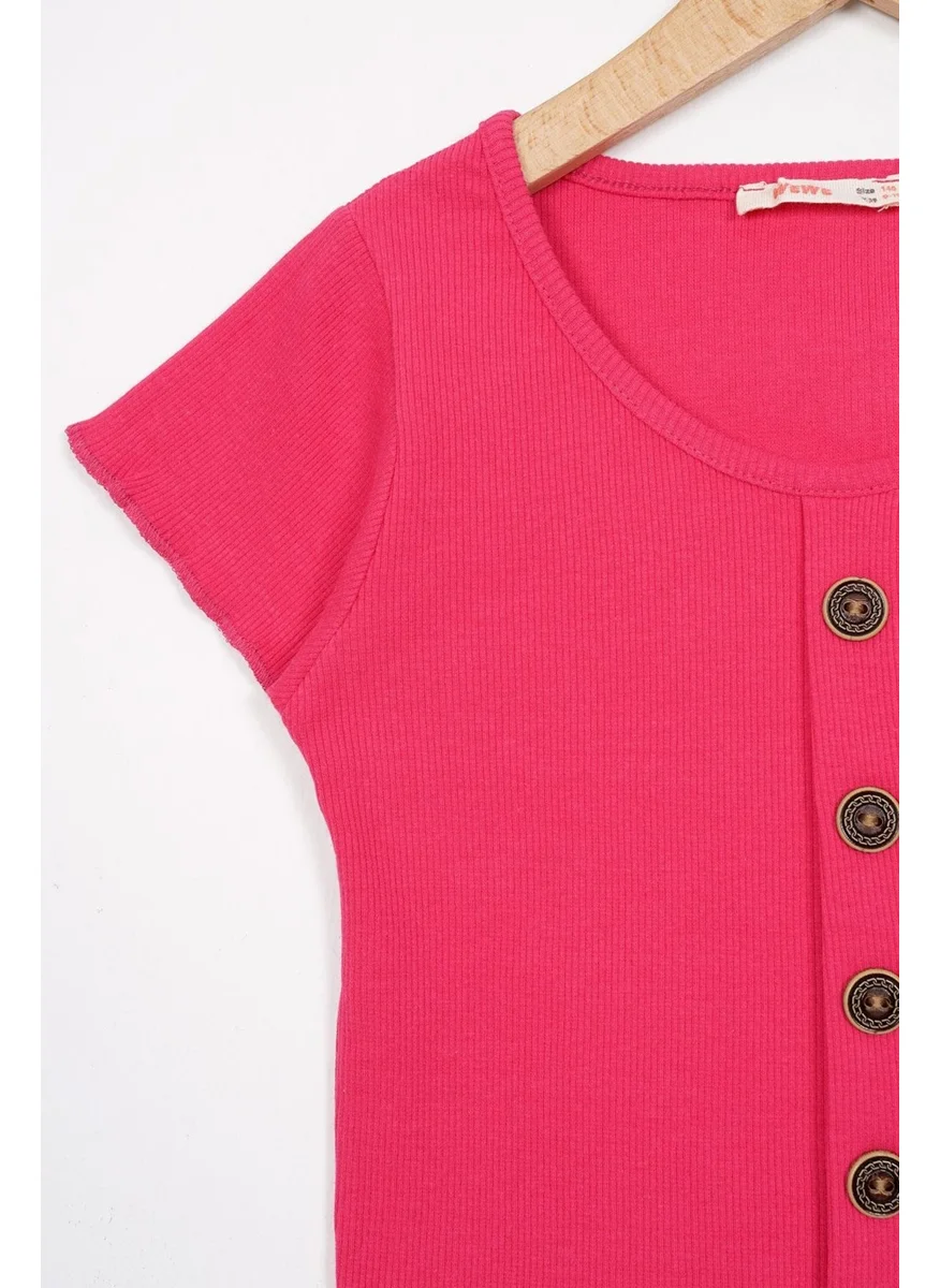 زيبكيدز Crew Neck Short Sleeve Ribbed Fuchsia Color Girls T-shirt