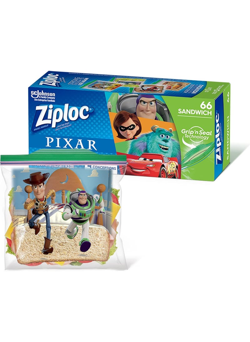 Ziploc Ziploc Sandwich Bags with Pixar Designs Plastic Storage Bags with Grip N Seal Technology 66 Bags Total  - Image 1