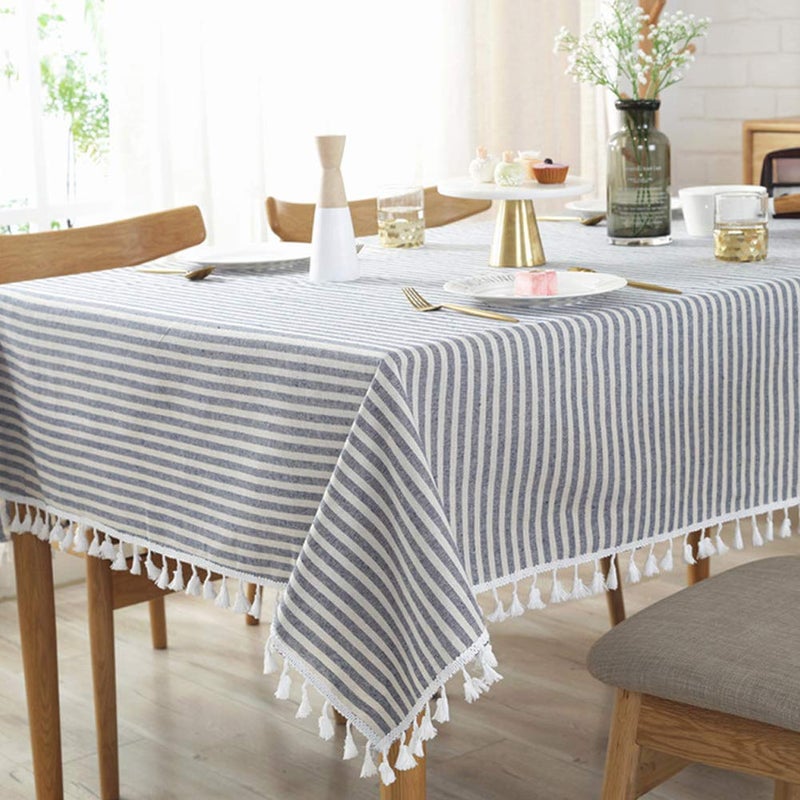 AMZALI AMZALI Stripe Tassel Table Cloth Cotton Linen Stain ResistantDustProof Tablecloth Cover for Kitchen Dinning Tabletop Decoration RectangleOblong35 x 55 Inch Blue