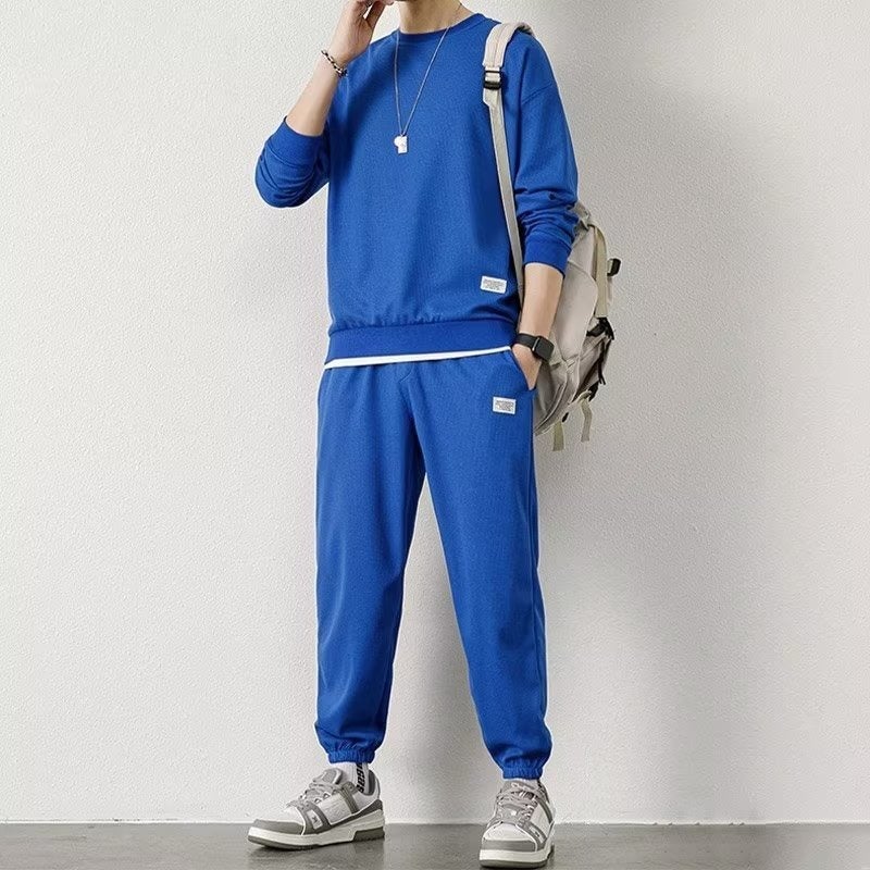 Spring and Autumn 2024 New Mens Long Sleeve Sweat Trousers Waffley Casual Sports Student Youth Loose suit blue 