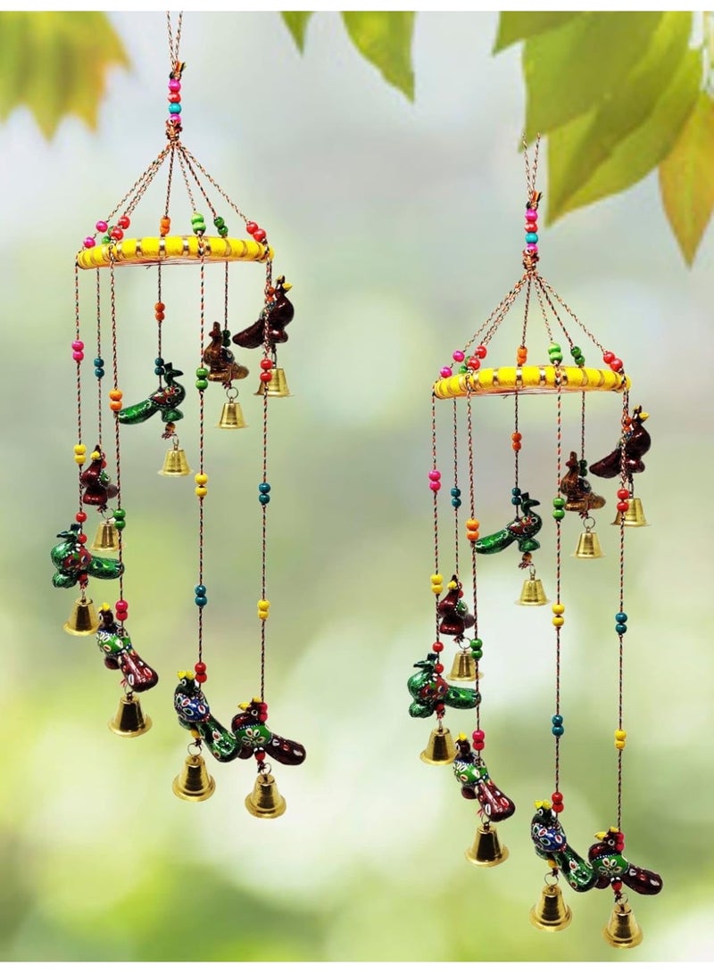 JH Gallery Handcrafted Rajasthani Colored Bell Wind Chime, Door/Wall Hanging Decorative Showpiece/Wall Hanging/Home Décor/Home Furnishing/Diwali Gift/Corporate Gift (Pack of 2, Peacock) - Image 1