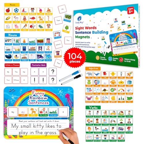 Simply magic 104 PCS Sentence Building for Kids Sentence Building Magnets Kit Learn to Read Speech Speak Spell Games Kids Vocabulary Builder Sentence Building Games Sight Word Magnets Games Simply Magic - Image 1