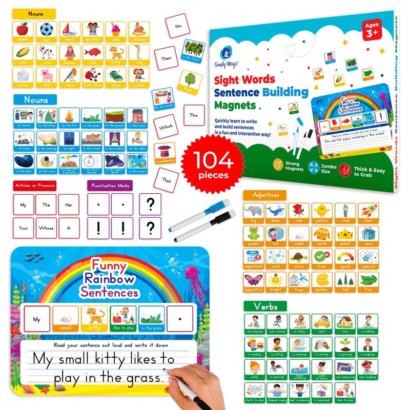 Simply magic 104 PCS Sentence Building for Kids Sentence Building Magnets Kit Learn to Read Speech Speak Spell Games Kids Vocabulary Builder Sentence Building Games Sight Word Magnets Games Simply Magic - Image 2