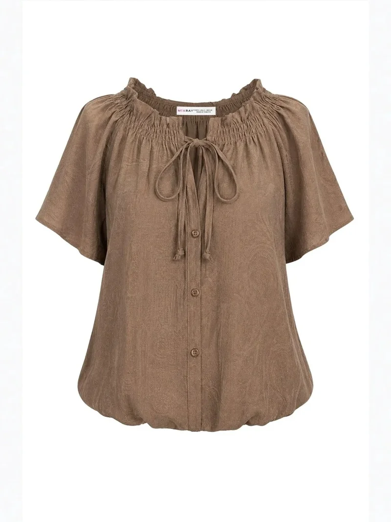 MixRay MIXRAY Paisley Print Crew Neck Blouse with Tie Detail