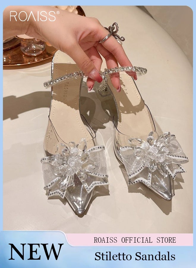 رويس حذاء نسائي بكعب عالٍ بتصميم خرافي، حذاء خارجي عصري بمقدمة مدببة وكعب ستيليتو، حذاء بإبزيم مربع مرصع بأحجار الراين، حزام شفاف من خط واحد للارتداء اليومي في الحفلات وكعب عالٍ لا يتساقط بسهولة - Image 1