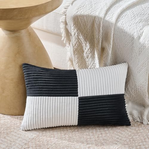 Fancy Homi Set of 2 Black White Lumbar Decorative Throw Pillow Covers 12x20 Inch for Living Room Bedroom Couch Bed Sofa Soft Striped Corduroy Modern Rectangle Accent Cushion Case 30x50 cm - Image 3