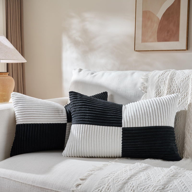 Fancy Homi Set of 2 Black White Lumbar Decorative Throw Pillow Covers 12x20 Inch for Living Room Bedroom Couch Bed Sofa Soft Striped Corduroy Modern Rectangle Accent Cushion Case 30x50 cm - Image 2