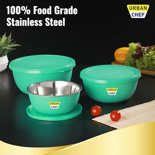 URBAN CHEF Mixing Bowl Set of 3 Stainless Steel (500ml, 800ml,1250ml) | Microwave Safe & Dishwasher Safe | Bowl Set with Lid for Gift | Bowls for Snacks | Serving Bowls Kitchen Accessories -Green - Image 4