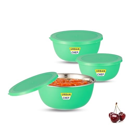 URBAN CHEF Mixing Bowl Set of 3 Stainless Steel (500ml, 800ml,1250ml) | Microwave Safe & Dishwasher Safe | Bowl Set with Lid for Gift | Bowls for Snacks | Serving Bowls Kitchen Accessories -Green - Image 1