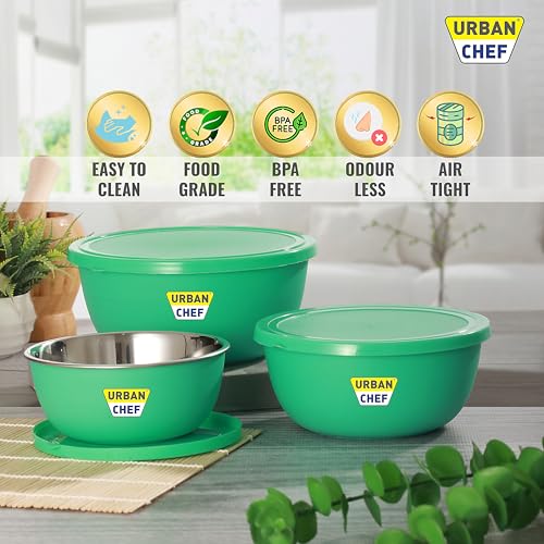 URBAN CHEF Mixing Bowl Set of 3 Stainless Steel (500ml, 800ml,1250ml) | Microwave Safe & Dishwasher Safe | Bowl Set with Lid for Gift | Bowls for Snacks | Serving Bowls Kitchen Accessories -Green - Image 3