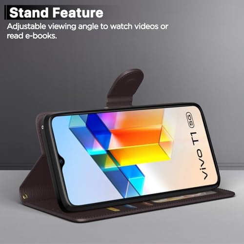 Pikkme Flip Cover for Vivo T1 5G / Vivo Y75 5G / IQOO Z6 5G | Leather Finish | Shockproof with Card Pockets & Wallet Stand | Ultimate Protection Case(Coffee) - Image 3