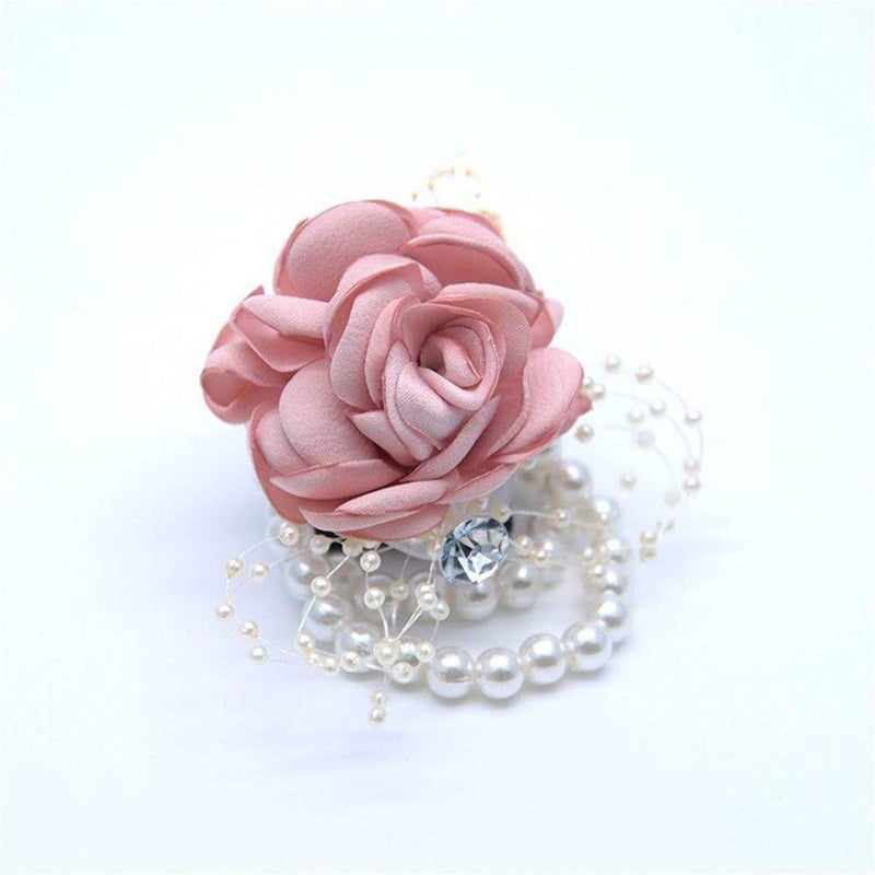 Flonding Flonding Girl Bridesmaid Wrist Corsage Bridal Silk Wrist Flower with Faux Pearl Bead Stretch Bracelet Wristband Gold Leaf for Wedding Prom Hand Flowers Decor (Champagne Pink  Pack of 2) - Image 2