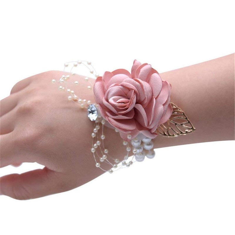 Flonding Flonding Girl Bridesmaid Wrist Corsage Bridal Silk Wrist Flower with Faux Pearl Bead Stretch Bracelet Wristband Gold Leaf for Wedding Prom Hand Flowers Decor (Champagne Pink  Pack of 2) - Image 1