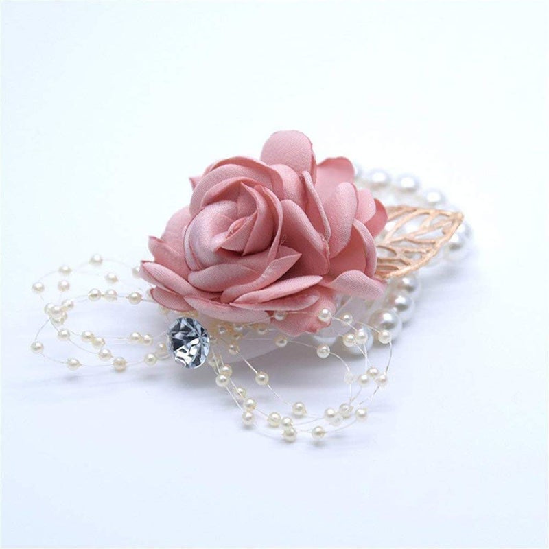 Flonding Flonding Girl Bridesmaid Wrist Corsage Bridal Silk Wrist Flower with Faux Pearl Bead Stretch Bracelet Wristband Gold Leaf for Wedding Prom Hand Flowers Decor (Champagne Pink  Pack of 2) - Image 3