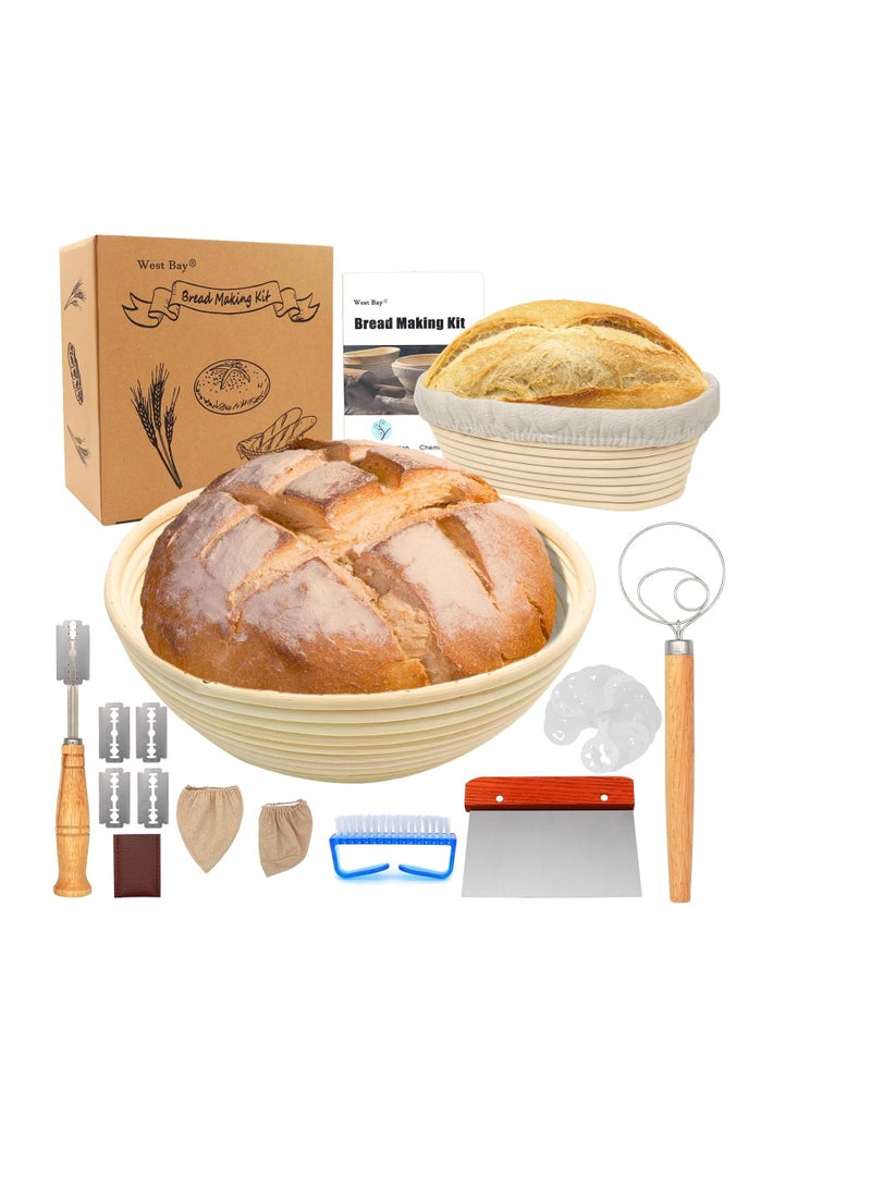 West Bay 10'' Round & 8'' Oval Banneton Bread Proofing Basket Set, 32Pcs Cane Sourdough Bread Baking Supplies with Bread Lame, Dough Scraper, Linen Liner, Brush Flouring Stencil, Bread Making Kit for Christmas  - Image 1