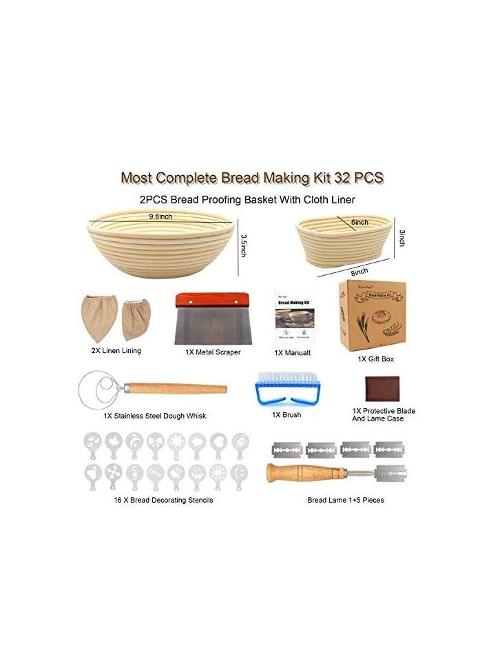 West Bay 10'' Round & 8'' Oval Banneton Bread Proofing Basket Set, 32Pcs Cane Sourdough Bread Baking Supplies with Bread Lame, Dough Scraper, Linen Liner, Brush Flouring Stencil, Bread Making Kit for Christmas  - Image 2