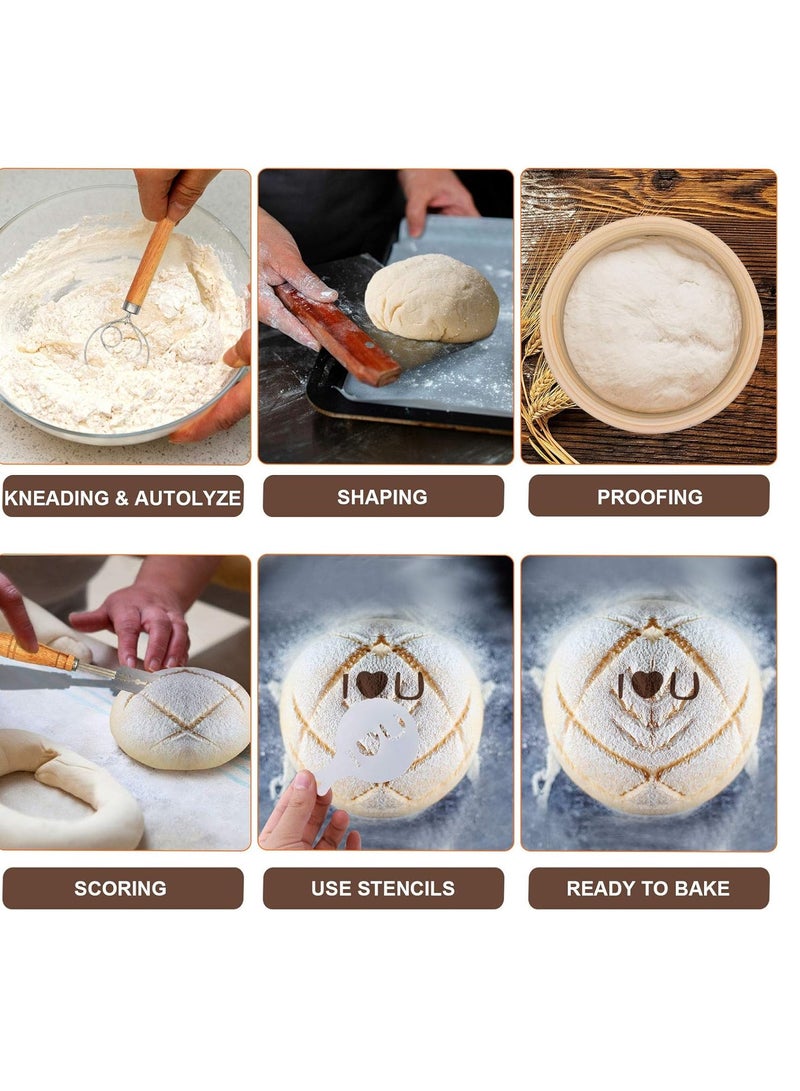 West Bay 10'' Round & 8'' Oval Banneton Bread Proofing Basket Set, 32Pcs Cane Sourdough Bread Baking Supplies with Bread Lame, Dough Scraper, Linen Liner, Brush Flouring Stencil, Bread Making Kit for Christmas  - Image 5