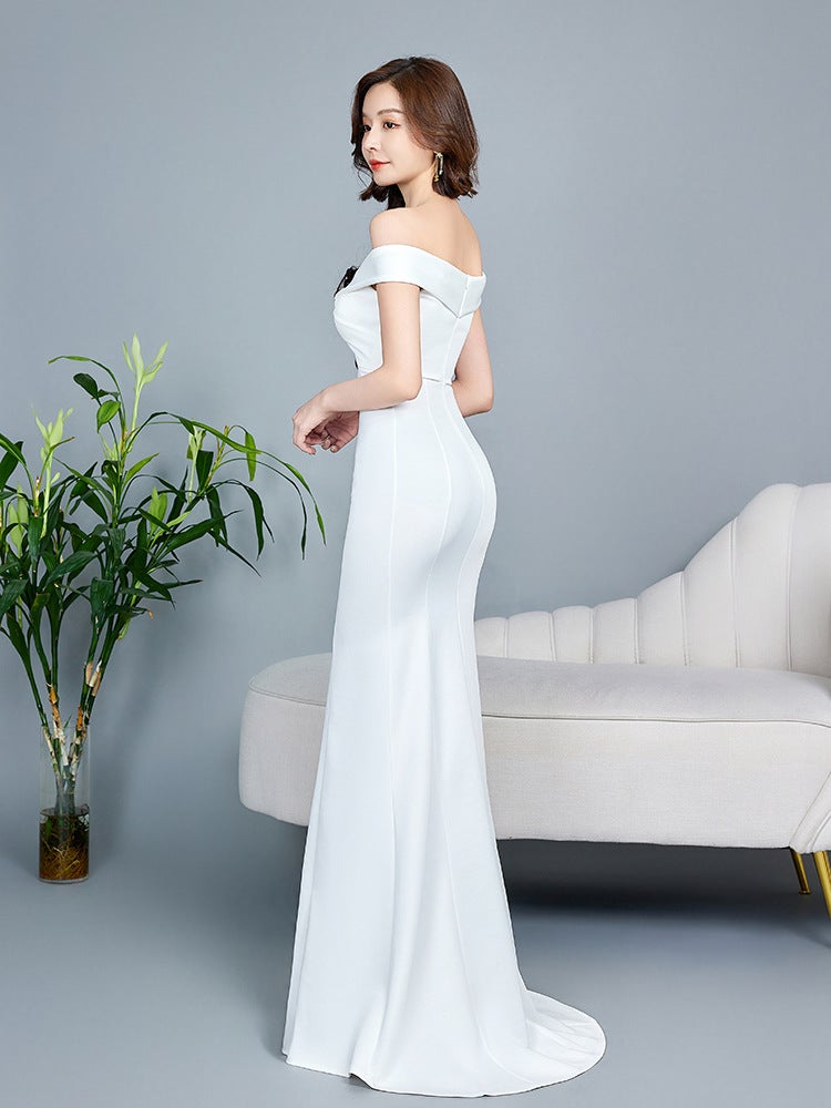 Off-Shoulder Evening Gown Low-Cut Temperament Socialite Party Niche High-End Fishtail Dress Tail Skirt Slim - Image 3