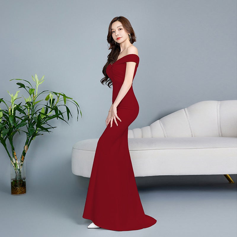Off-Shoulder Evening Gown Low-Cut Temperament Socialite Party Niche High-End Fishtail Dress Tail Skirt Slim - Image 1