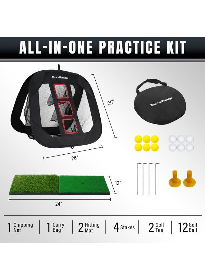 DURARANGE Pop-up Golf Chipping Net with Dual Turf Hitting Mat, 6 Driving Range Golf Balls, 6 Practice Foam Balls and Tees Combo, Target Swing Training Aids Backyard | Indoor | Outdoor 25 inches by 25" - Image 2