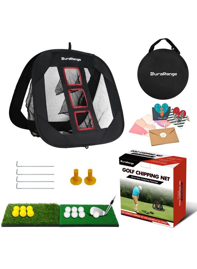 DURARANGE Pop-up Golf Chipping Net with Dual Turf Hitting Mat, 6 Driving Range Golf Balls, 6 Practice Foam Balls and Tees Combo, Target Swing Training Aids Backyard | Indoor | Outdoor 25 inches by 25" - Image 1